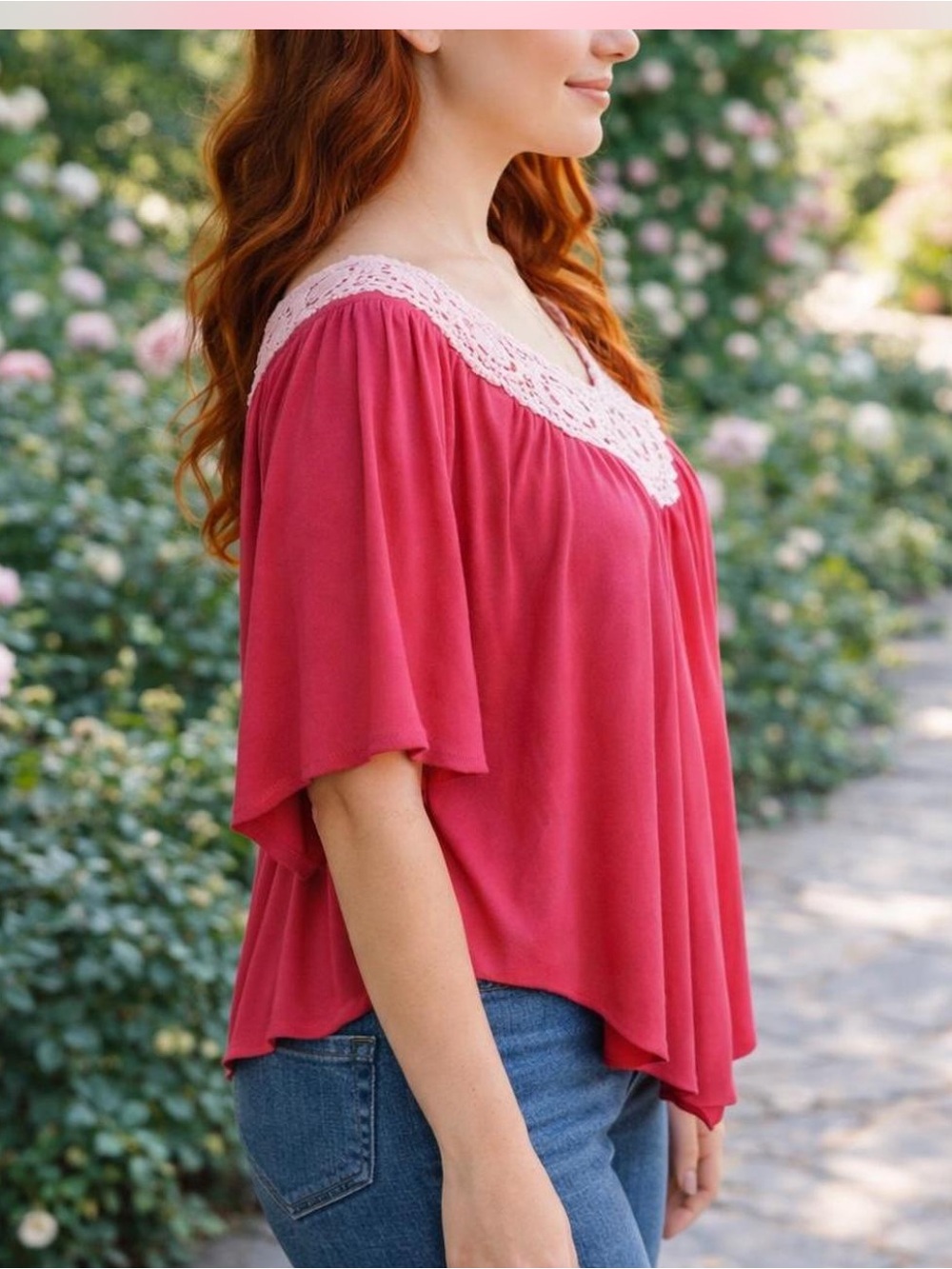 Rue21 Crochet V-Neck Flutter Sleeve Top in Hot Pink with Cream Trim - Picture 3 of 10
